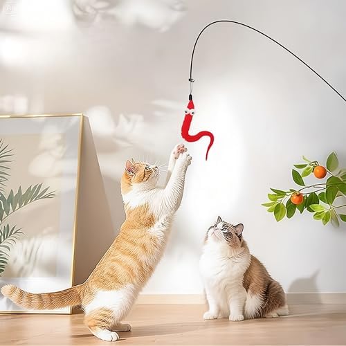 Cat Wand Toy with Fuzzy Worm Lure, Bell, and Flexible Wire