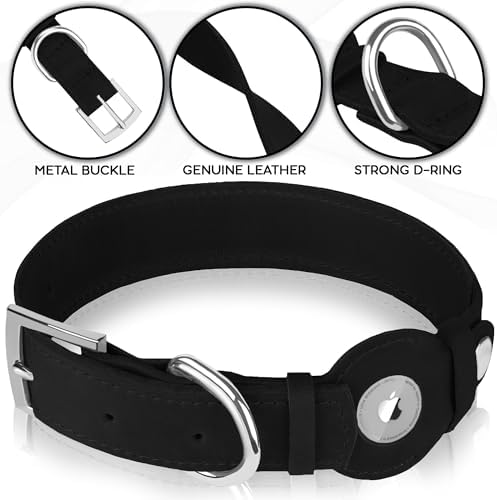 Leather Dog Collar with Airtag Holder - Apple Air Tag Dog Collars - Soft Tracking GPS Pet Collar for Small Medium Large Dogs Breed Puppy (Black, L, 15"-19" Neck Fit)