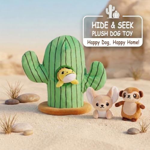 Hollypet Squeaky Hide and Seek Dog Toys for Small and Medium Dogs, Cactus