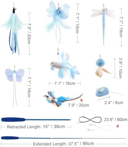 SONGWAY Interactive Cat Wand Toy Set - Retractable Cat Teaser Wand with 8 PCS Cat Toy Attachments, Dragonfly Butterfly Bird Mouse Tassel Feather Cat Toy Refills for Indoor Cats Kittens, Blue
