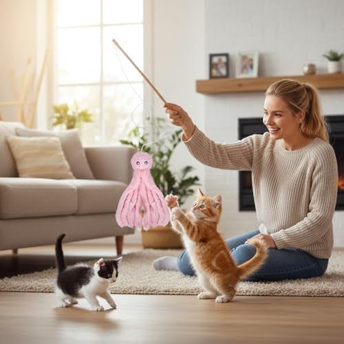 2-Pack Cat Toy Wand Set: Interactive Cat Teaser Wands with Bells and Streamers to Engage Your Cat’s Natural Instincts (Dog and Octopus)