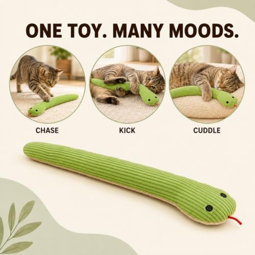 Green Plush Snake Shaped Cat Interactive Accessory with Crinkle Paper, Durable Indoor Feline Activity Supply for Household Cats