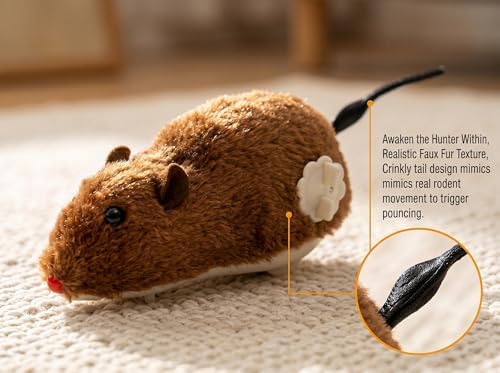 4 Pcs Wind Up Cat Toy Mouse - Self-Moving Furry Mice with Realistic Tails, Interactive Chase Toys for Indoor Cats & Kittens, Exercise Mice for Boredom Busting
