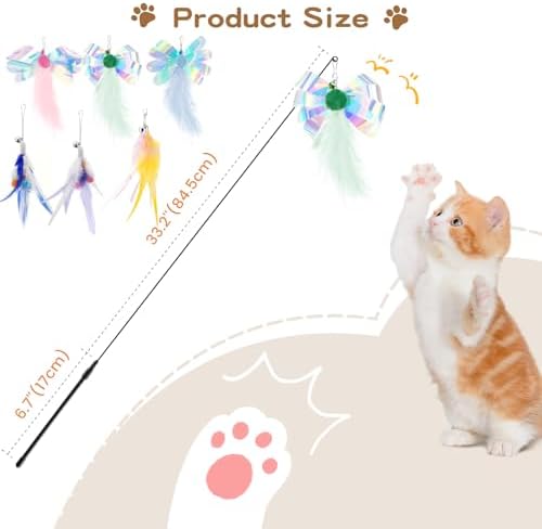 Pawaboo Cat Feather Wand Interactive Toy, 6 Feathers + 1 Wand with Bell