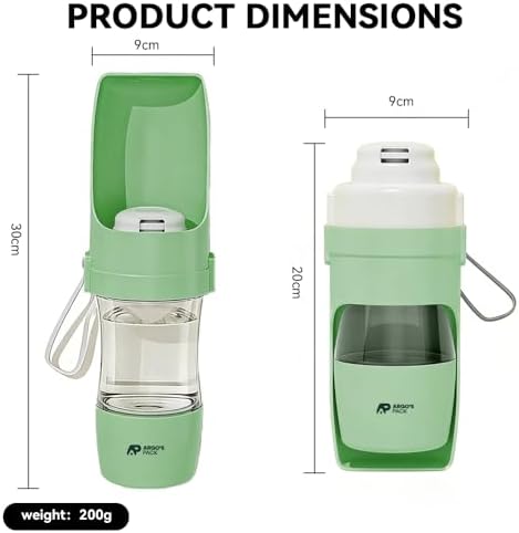 Argo's Pack 2-in-1 Portable Dog Water Bottle with Food Container, 250ml Water + 180ml Food, Foldable Bowl, Leak-Resistant Travel Dispenser for Walking & Hiking (Green)