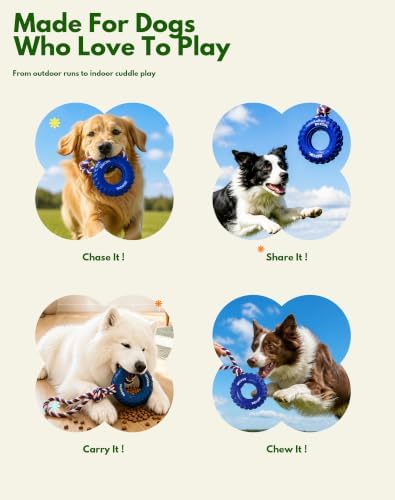 Deeow Tether Dog Tire Chew Toy for Teething & Treat Dispensing-Blue 6.3''
