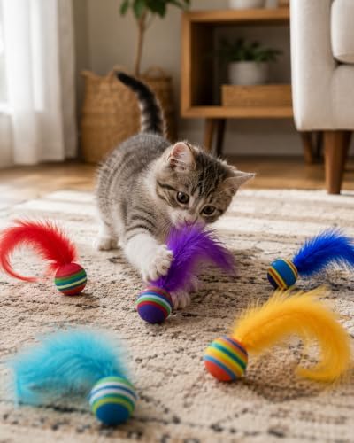 PET SHOW 20 Pack Cat Toy Balls for Indoor Cats 1.4inch with Feathers