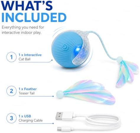 Interactive Cat Toy Ball with LED Lights – USB-C Rechargeable Automatic Feather Teaser for Indoor Cats & Kittens, Fun Chase & Exercise Toy