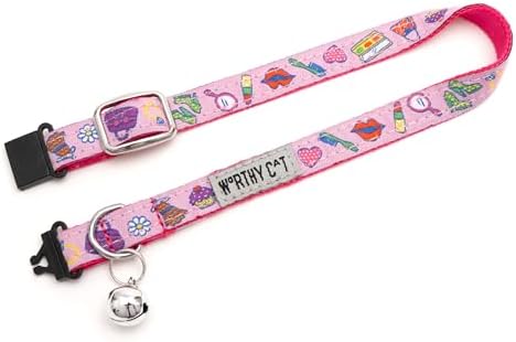 THE WORTHY DOG Graphic Pattern, Breakaway Cat Collar, with Bell, Pink