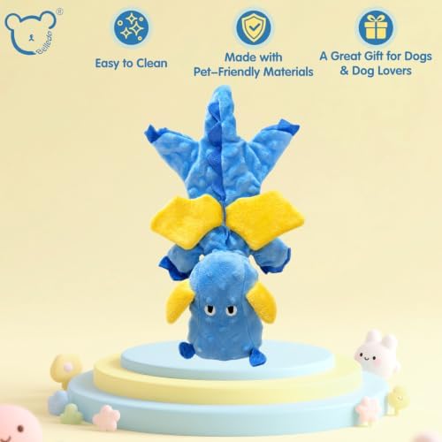 Multi-Squeaker Plush Dinosaur Dog Toy, 6 Squeakers and Crinkle Texture, Soft Interactive Toy for Fetch, Carrying and Cuddling, Blue, Medium