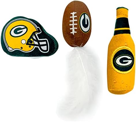 BEST PLUSH CAT TOY - NFL GREEN BAY PACKERS Complete Set of 3 piece Cat Toys filled with Fresh Catnip. Includes: 1 Helmet Cat Toy, 1 Football Cat Toy with Feathers & 1 Beer Bottle. Beautiful Team LOGOS