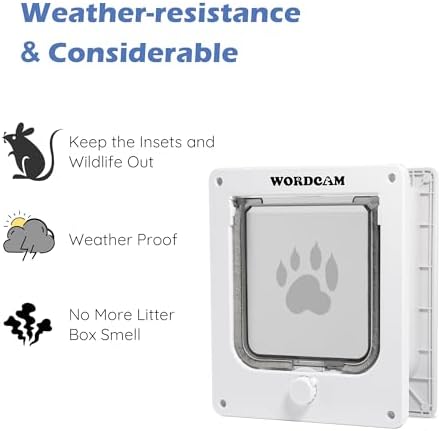 Wordcam Cat Door for Interior/Exterior, for Pets Waist≤5.9", Medium, White