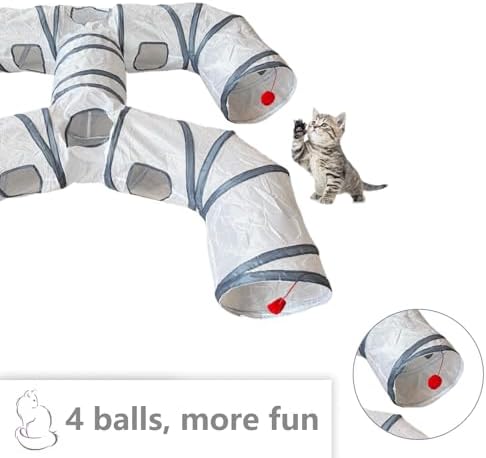 Foldable H-Shaped Cat Tunnel Toy with Interactive Playing Balls - 4 Exits for Cats, Kittens, Rabbits & Small Pets Collapsible Play Tube for Indoor Fun & Exercise