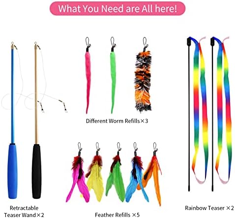 12PCS Interactive Kitten Toys, Retractable Indoor Cat Wand Toys with Replacement Teaser, Rainbow Ribbon and Make Exercise by Sunshinetop