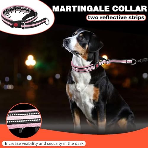 Martingale No Pull Dog Collar for Large Medium Small Dogs, Heavy Duty Nylon Adjustable Reflective Anti Pull Slip Collar with Buckle for Training Walking Hunting S Pink