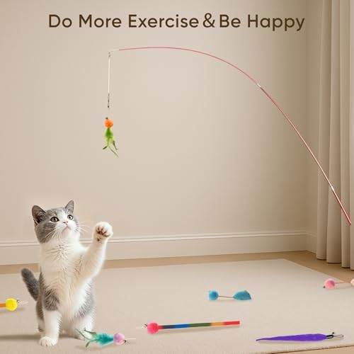 Cat Toys for Indoor Cats, 11 Packs Interactive Cat Wand Toy Set with Feather Toys&Ribbon Refills,Retractable Cat Wand with Bell Refills for Kittens Play and Exercise