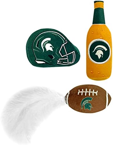 BEST PLUSH CAT TOY: NCAA MICHIGAN STATE SPARTANS Complete Set of 3 piece Cat Toys filled with Fresh Catnip. Includes: 1 Helmet Cat Toy, 1 Football Cat Toy with Feathers & 1 Beer Bottle. With Team LOGO