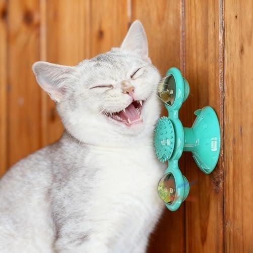 Blue Light-Up Cat Spinner Windmill, Interactive Cat Toy with Suction Cup, Includes Catnip, for Self Grooming and Dental Care, 6.2 X 2.9 X 2.7 in