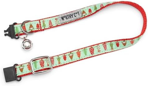 THE WORTHY DOG Christmas Patterns, Breakaway Cat Collar with Bell, Green