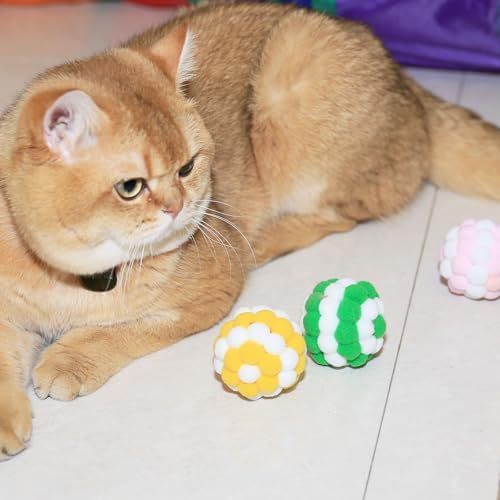 Cat Toy Balls with Crinkle Sound 3-Pack, 2-Inch Soft Plush Pom Pom Balls for Indoor Cats & Kittens, Colorful Fuzzy Interactive Chewing Toys for Hunting Playing, No Catnip