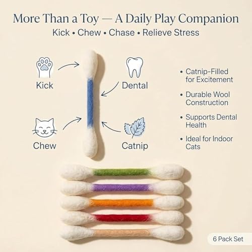 Cotton Swab Cat Toy with Catnip - 6 PCS Cat Qtip Toy - Cat Chew Toys for Indoor Cats - Giant Kitten Chew Sticks (Multicolor)