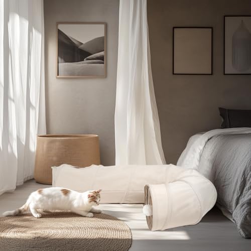 Cat Tunnel, 2-Way Collapsible Cat Tube with Interactive Peek-A-Boo Hole, Toy Ball, and Rope Ideal for Indoor Cats, Kittens, and Rabbits, Beige