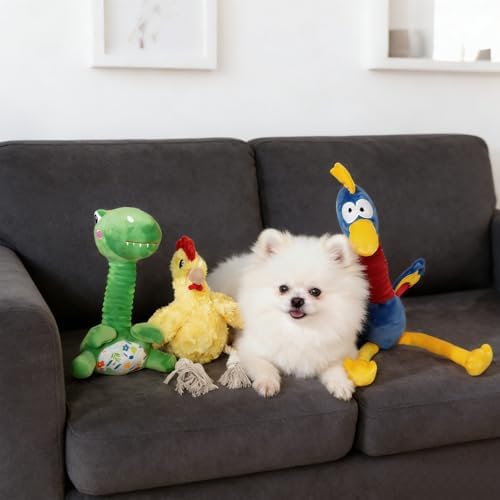 Hollypet Plush Dog Squeaky Toys Interactive Shaking and Sound-Making Toy with Rope & Crinkle Paper for Small Medium Large All Breed Sizes Dogs, Puppy Teeth Clean Chew Toys, Chicken