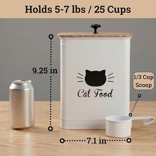 Metal Cat Food Container with Scoop 5-7 lb (25 Cup), w/ Airtight Bamboo Lid