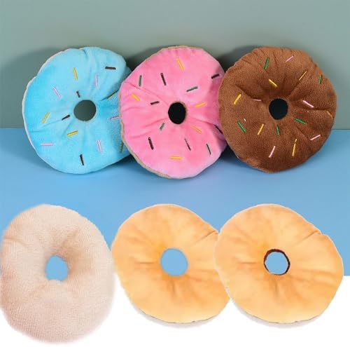 Small Dogs Puppy Squeaky Dog Toy,4-Pack Donut Shaped Interactive Pet Toys,Soft Plush Squeak Toy for Small Dog Exercise (3 Colors)