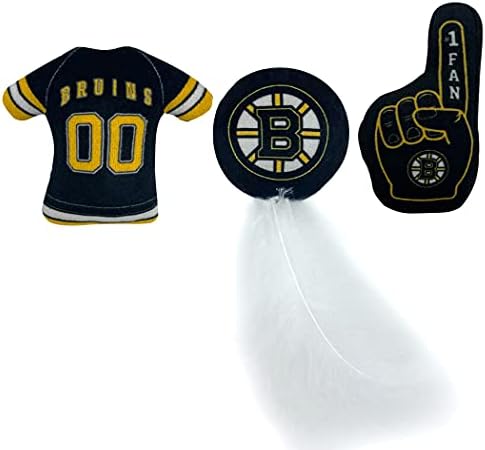 NHL BOSTON BRUINS Complete Set of 3 Plush Cat Toys: Jersey, Hockey Puck with Feathers & #1 Fan. Filled with Fresh Catnip. Beautiful Team Logo