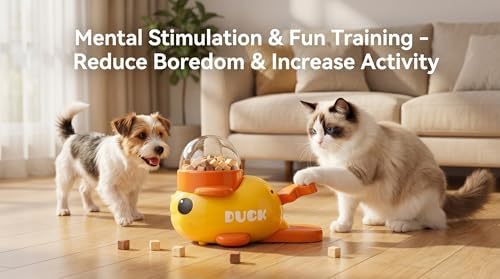 Duck-Shaped Interactive Slow Feeder for Cats & Dogs, Automatic Treat Dispenser Toy for Mental Stimulation and Anxiety Relief, Suitable for Small-Medium Pets (Yellow Duck Treat Dispenser)