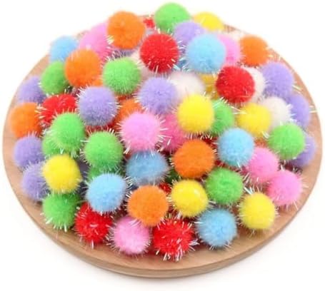 GSHLLO 100 Pcs 30mm Colorful Cat Pom Pom Balls Plush Pet Ball Cat Toy Sparkle Balls Small Tinsel Pom Poms Cat Playing Chasing Balls Craft Fuzzy Balls Interactive Kitten Toys