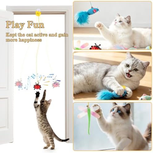 Hanging Door Cat Toy with Elastic String, Interactive Cat Toys for Indoor Cats, Retractable Door Hanging Cat Teaser with Bell/Feather/Plush (Animal Door Hanging 5 Pack)