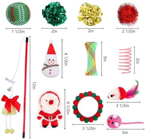 Christmas Stocking Cat Toys - 12Pcs Interactive Set for Cats with Squeaky Toys, Balls, Cat Teasers