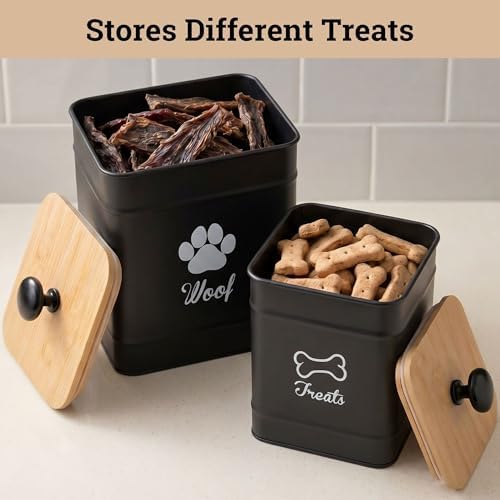 Dog Treat Container Airtight Set of 2 - 8x6 & 7x5 inch Iron Dog Treat Jars for Kitchen Counter with Airtight Bamboo Lids - 20 Cup Capacity Pet Treat Container Set - Doggie Cookie Jar - Treats Canister
