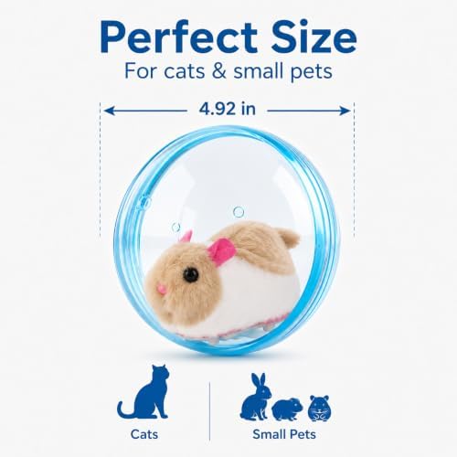 Self Rolling Interactive Cat Ball, Automatic Moving Cat Toy with Plush Animal Inside, 360° Rolling Cat Chasing Ball with Transparent Ball for Cats Dogs Small Pets (Blue,White/Brown Mouse)
