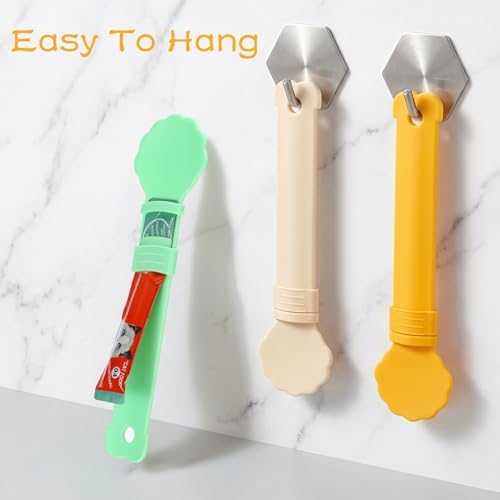 3 PCS Cat Treat Spoon, Multifunctional Lickable Cat Treat Spoon Squeeze for Easy Feeding, No Mess Cats Treats Feeder for Licky Treats & Wet Food, Anti-Bite, Prevents Waste (Orange, Green, Beige)