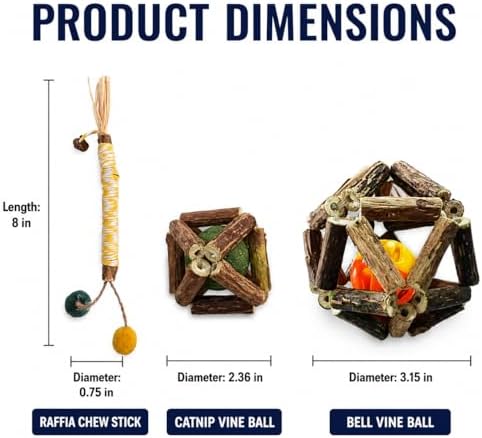 3 Pack Cat Toy Set, Catnip Vine Ball, Bell Vine Ball and Raffia Chew Stick, Natural Interactive Cat Chew Toys for Indoor Cats, Kitten Teething, Licking, Batting, Chasing, Pouncing, Boredom Relief Fun
