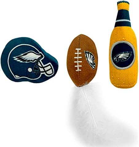 BEST PLUSH CAT TOY NFL PHILADELPHIA EAGLES Complete Set of 3 piece Cat Toys filled with Fresh Catnip. Includes: 1 Helmet Cat Toy, 1 Football Cat Toy with Feathers & 1 Beer Bottle. Beautiful Team LOGOS