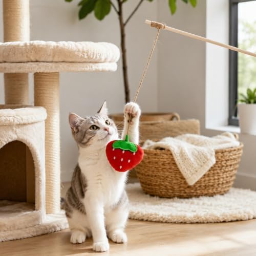 LUOZZY Interactive Strawberry Cat Wand Toy Catnip Plush Teaser Stick