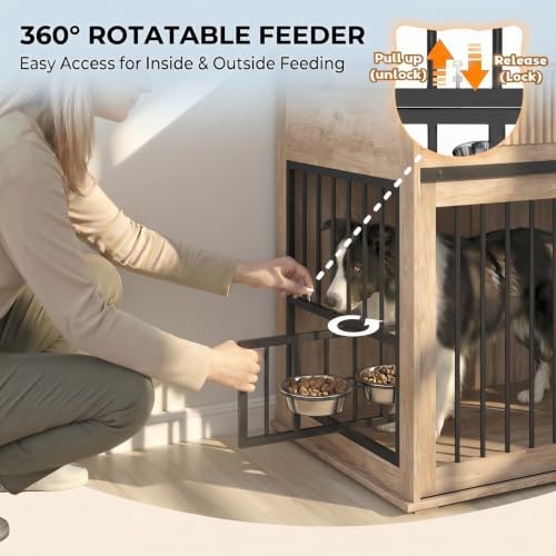 Large Dog Crate Furniture for 2 Dogs, Wood, White TV Stand with 4 Doors and 4 Storage Drawers, Removable Divider, Indoor Kennel for Medium and Large Dogs (71inch Grey Oak)