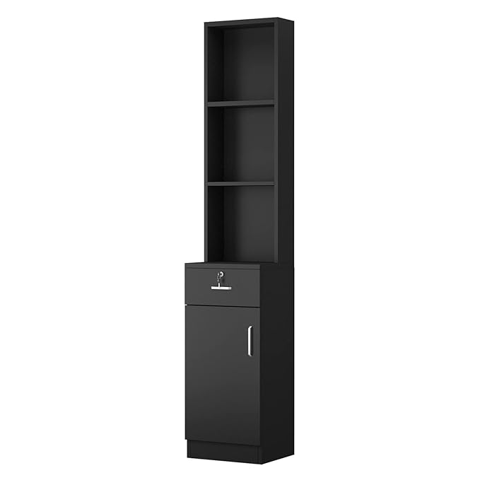 Paddie Wall Mount Salon Stations for Hair Stylist, Hair Salon Storage Cabinet Beauty Barber Stations w/Lockable Drawers/Storage Cabinet, 13.4" L x 70.1" H(Black2)