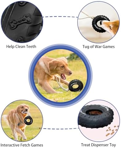 SCHITEC Dog Chew Toy with Rubber Tire & Tug of War Rope for Medium Large Dogs Aggressive Chewers, Interactive Fetch Play Treat Dispenser Pull Toys