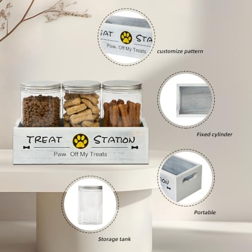 Pet Treat Container with 3 Airtight Jars and Wooden Tray, Labels and Marker