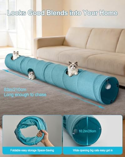 Cat Tunnel, 3 Straight Shaped Tunnels 6 DIY Shapes with Wand Toys, No Noise Scratch Resistant Cool Linen Fabric, Interactive Pet Tunnel Tube for Indoor Cats, Puppy and Rabbits
