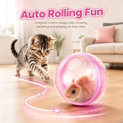 2026 New Self-Rolling Interactive Cat Ball Realistic Animal Automatic Moving Rolling Cat Ball 360° Rolling Spin Moving Cat Ball Fun Indoor Interactive Pet Ball for Cats Dogs Chasing (Pink)
