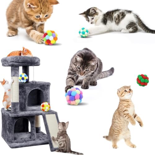 Cat Toys Balls 6 Pieces with Bells 5cm Soft Cat Pom Poms Balls Cats Interactive Ball Toy for Cats Kitten Indoor Outdoor Playing Chewing Scratching (Cat Ball Set 2)