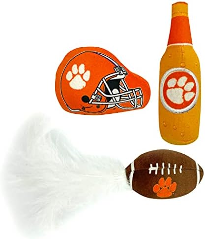BEST PLUSH CAT TOY - NCAA CLEMSON TIGERS Complete Set of 3 piece Cat Toys filled with Fresh Catnip. Includes: 1 Helmet Cat Toy, 1 Football Cat Toy with Feathers & 1 Beer Bottle. Beautiful Team LOGOS