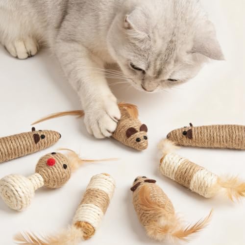 12PCS Cat Mouse Toys, Natural Sisal Mouse Cat Toys for Indoor Cats, Teeth Cleaning Dental Chew Toy, Interactive Cat Mice Toy Eliminate Boredom