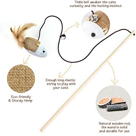 Natural Wood Cat Teaser Wand Toy, 3pcs 16 Inch, Catnip Sticks for Teeth Cleaning, Indoor Cat Exerciser